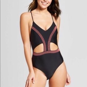 Cut Out Embroidery Trim One Piece Swimsuit